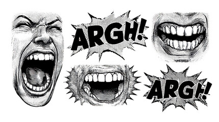 Comic anger set with transparent background including screaming face and mouths with clenched teeth with speech bubbles saying argh drawn in black and white halftone style