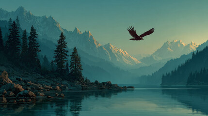 Parallax background black eagle, falcon or hawk flying with outspread wings over mountain lake 2d landscape with separated layers for game, beautiful wild bird in nature, Cartoon vector illustration