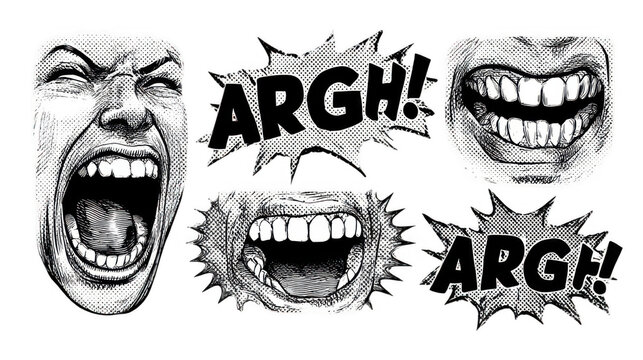 Comic anger set with transparent background including screaming face and mouths with clenched teeth with speech bubbles saying argh drawn in black and white halftone style