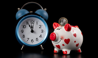 A 1 euro coin,  piggy bank and alarm clock