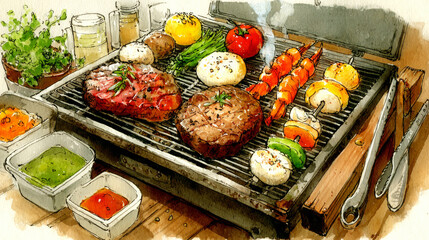 Bbq set, barbecue food and cooking stuff. Grill machine, fish steak, shrimp kebab, Forceps, sauce bottle, meat, chicken leg, burger, spoon, glass isolated design elements, Cartoon vector illustration