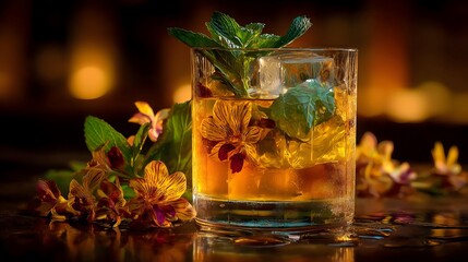Refreshing Golden Cocktail with Mint and Orchids A Luxurious Drink Recipe