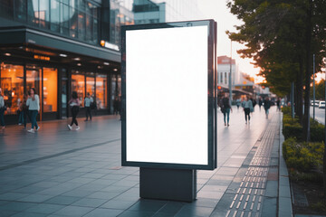Blank vertical billboard on modern bus shelter in city street, realistic scene with soft sunset lighting and cinematic shallow depth of field

