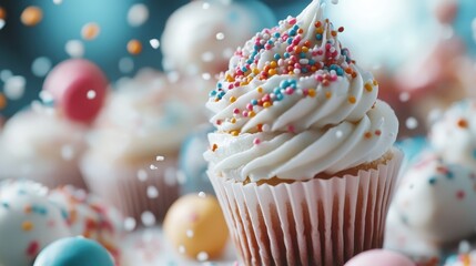 A delightful close-up of a cupcake adorned with luscious frosting and colorful sprinkles, epitomizing celebration and joy, perfect for any festive occasion or sweet indulgence.