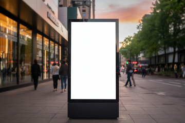 Blank vertical billboard on modern bus shelter in city street, realistic scene with soft sunset lighting and cinematic shallow depth of field

