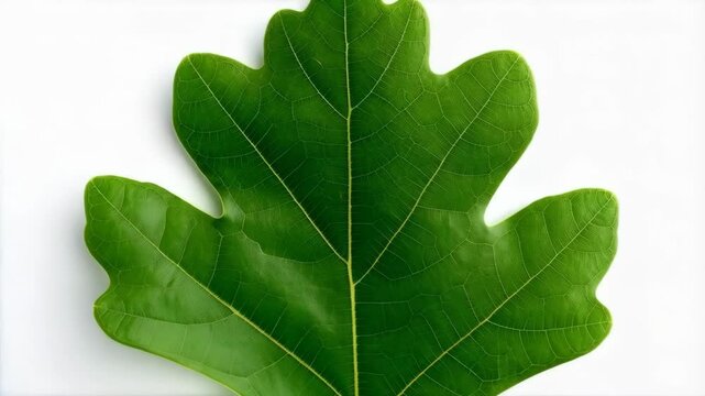 Close-up of vibrant green oak leaf displaying intricate vein patterns against a clean white background, botanical study