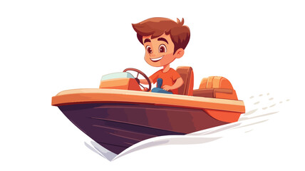 Naklejka premium Cartoon Cute Boy Driving Boat - Vector Illustration