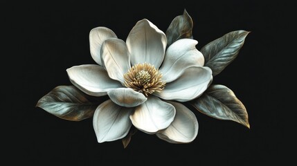 Detailed close-up of a magnolia flower with leaves.