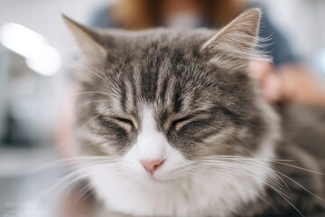 Fototapeta premium focused image of pet care worker gently grooming cat with blurred people in background