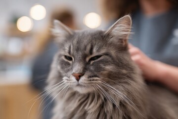 Fototapeta premium focused image of pet care worker gently grooming cat with blurred people in background