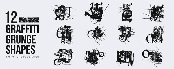 Grunge Graffiti Halftone Texture Elements Set Abstract Geometric Shapes. Ink Spray Horror Borders. Glitch Distortion.  Noise Overlay And Distressed Vector Effects