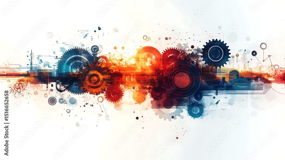 Poster abstract image of interconnected gears with a blue and orange gradient