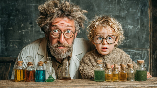 Flat set of dad and son playing doctors, scientists. Vector illustration of funny father and curious child wearing white medical robes and eyeglasses, conducting scientific experiment together