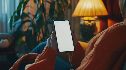 Woman relaxing at home using smartphone.