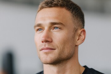 Obraz premium determined athletic coach gazes with intensity surrounded by minimalist gym background ample copy space