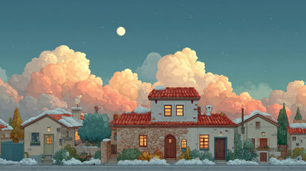 City street with houses at night and morning. Vector template for mobile phone screensaver with time and weather. Smartphone background theme with cartoon cityscape