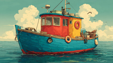 Fish trawler boat in sea vector marine background. Commercial fishery ship with lifebuoy in ocean water cartoon vector illustration. Empty nautical adventure game for catching food equipment in river.