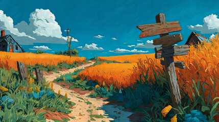 Cornfield day landscape with wooden road pointers and high green plants. Choice of way concept with signposts pointing on path fork. Labyrinth, maze, choosing direction, Cartoon vector illustration