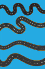 Fototapeta premium Set of 4 Winding Curved Roads Top View Vector – Isolated Road Elements on Blue Background