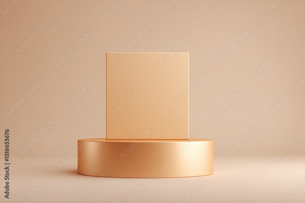 Poster golden minimalistic podium stands isolated against neutral backdrop with ample copy space for text o