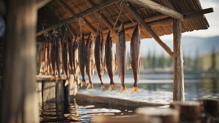 smoked fish hanging in a wooden smokehouse, a thatched roof, and is built over a body of water.