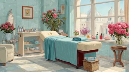 Cartoon spa salon interior design with furniture. Vector cartoon illustration of empty room with massage table, towels, cosmetics, aroma sticks on shelves, blooming orchid flower in pot. Beauty salon