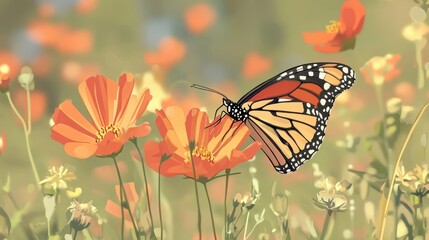Fototapeta premium Monarch butterfly amidst a field of orange flowers.