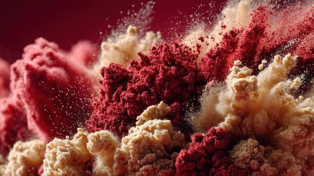 spices ground into powder clouds on deep red background, atmospheric