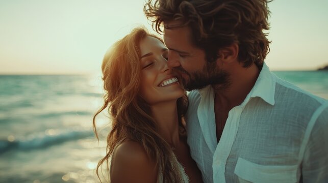 A romantic couple sharing a tender kiss on the beach during sunset, with the golden waves in the background encapsulating an intimate and beautiful moment of love.