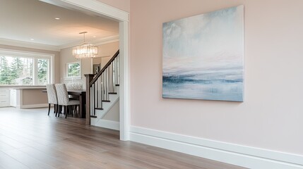 Light-filled hallway with a modern art piece.