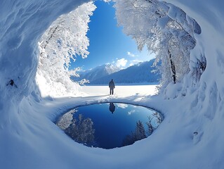 Winter landscape reflecting clear blue sky on water, man standing afar