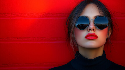 Portrait of a fashionable woman wearing sunglasses and red lipstick, set against a red wall