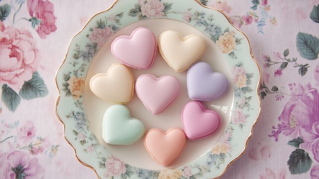 Assorted heart shaped biscuits in soft pastel hues on a floral plate