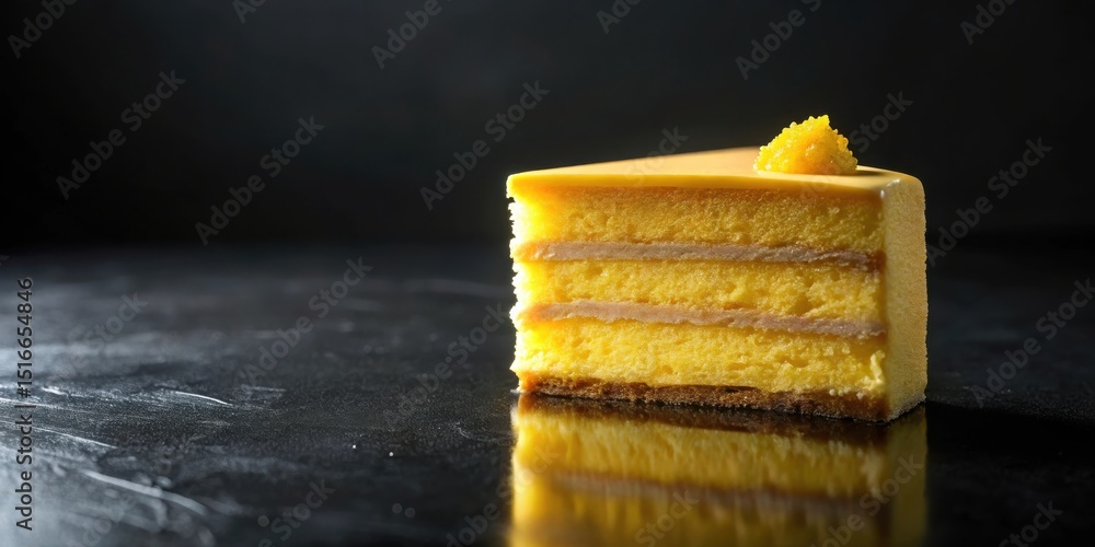 Poster a delectable slice of layered lemon cake, adorned with a citrus zest garnish, rests on a sleek, dark