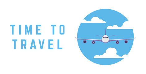Airplane between clouds circle banner with text. Travel and vacation time. Vector illustration banner. Realistic plane flying in the clouds. Template for flyer or web banner.