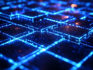 Dynamic Grid of Interconnected Cubes with Glowing Blue Edges Represents Technology