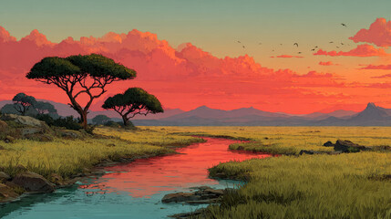 African savannah with river and acacia trees at sunset. Vector cartoon panoramic illustration of savanna landscape with green grass, water stream and mountains on horizon