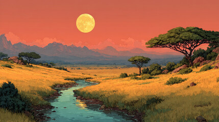African savannah with river and acacia trees at sunset. Vector cartoon panoramic illustration of savanna landscape with green grass, water stream and mountains on horizon
