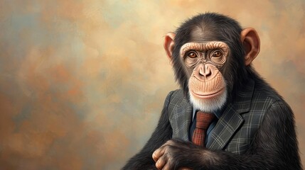 the banner features a detailed illustration of a chimpanzee in a business suit, with a determined expression on its face, symbolizing professionalism and success in the corporate world.