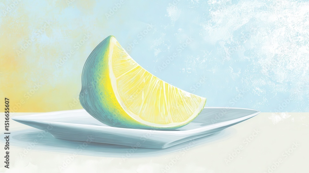 Poster a slice of lime on a plate, rendered in a soft color palette.