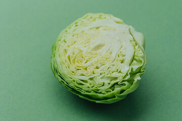 Closeup of halved cabbage showing detailed leaf structure
