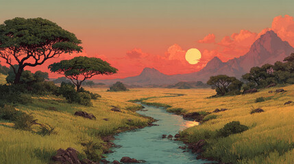 African savannah with river and acacia trees at sunset. Vector cartoon panoramic illustration of savanna landscape with green grass, water stream and mountains on horizon