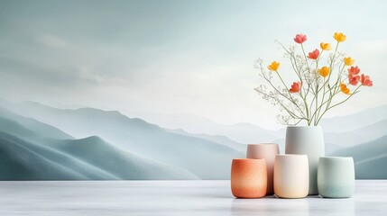 the serene scene features modern, colorful shapes arranged in a harmonious composition, reminiscent of a peaceful mountain landscape painted in soothing pastel tones.
