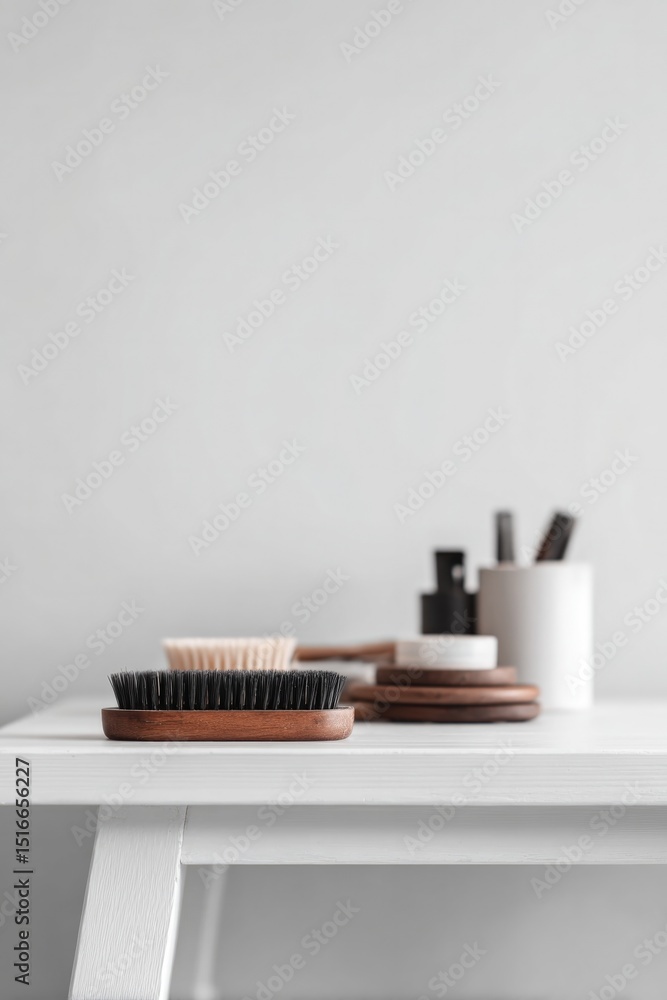Poster minimalist photo of pet grooming setup with neatly arranged tools such as brushes and clippers on wh