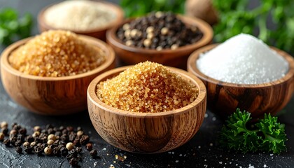 Assorted Spices And Seasonings Including White Peppercorns, Brown Sugar, And Granulat