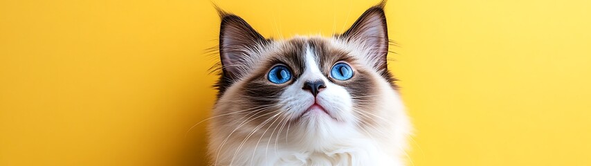 Cat gazing upwards against a bright yellow background