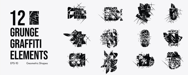 Grunge Graffiti Halftone Texture Elements Set Abstract Geometric Shapes. Ink Spray Horror Borders. Glitch Distortion.  Noise Overlay And Distressed Vector Effects