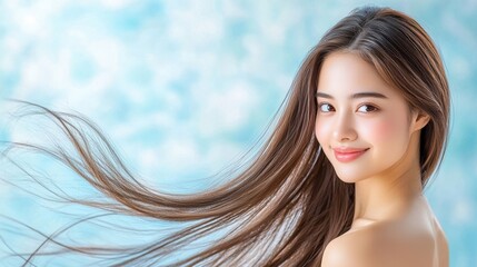 the beautiful woman has long, flowing hair that cascades down her back like a shimmering waterfall, complemented by the soft blue background that highlights her radiant features.