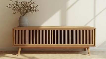 Light-colored wooden entertainment center with a vase of dried flowers.