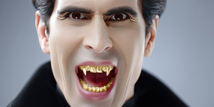 dynamic angle photo of count dracula with gold fangs grill, dynamic pose